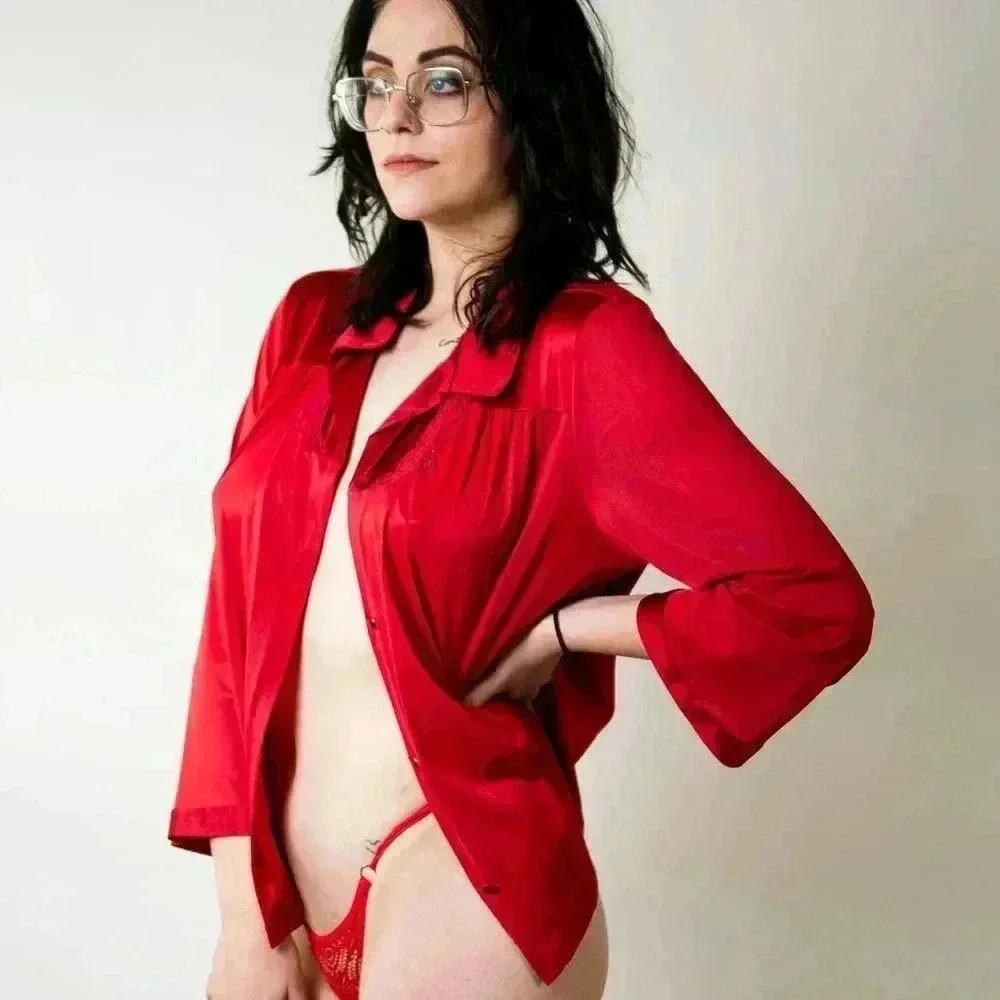 Vintage 90s Silky Lace Babydoll Top Sleep Shirt Pajama Nightie - M - Picture 2 of 8